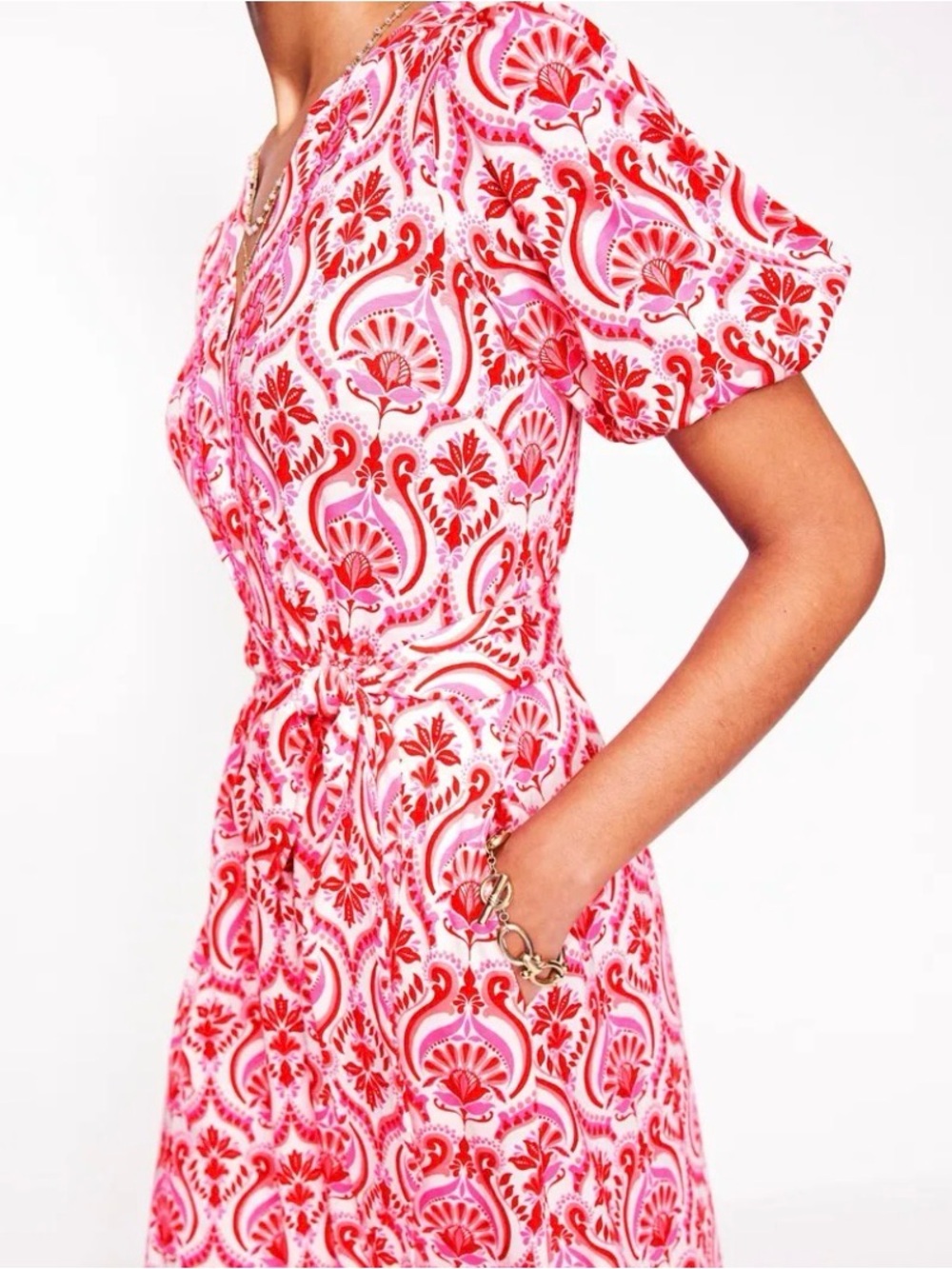 Boden Sofia Trim Jersey Midi Dress Pink Red Floral Botanical 6 Petite NWOT - Picture 2 of 14